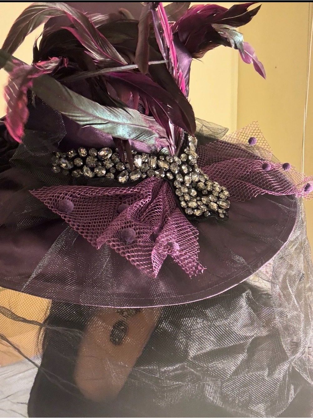 Elegant Purple Feathered Fascinator Hat with Rhinestone Accent ONE OF A KIND
